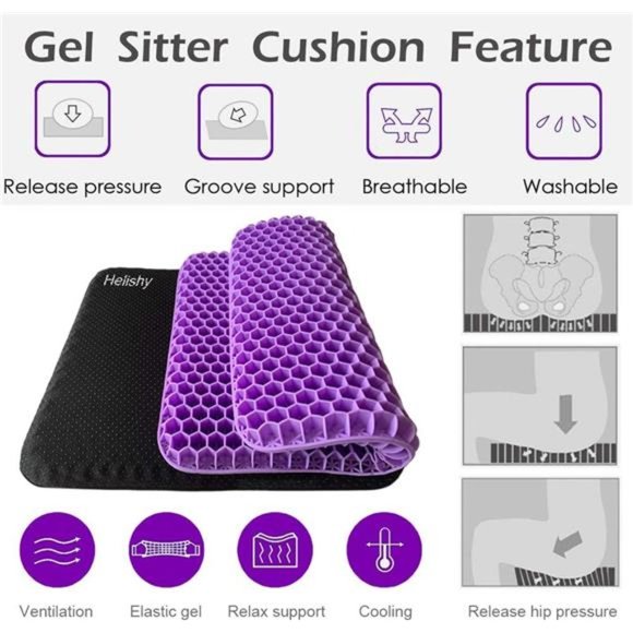 Gel Seat Cushion, Double Thick Gel Cushion for Long Sitting with Non-Slip Cover - Picture 2 of 7